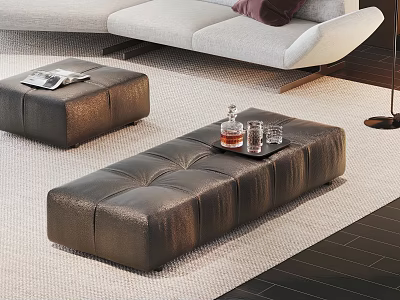 Modern Black Leather Tufted Ottoman In Living Room With Tray And Magazine 3d model