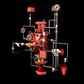 Red Industrial Fire Protection System With Valves Pipes And Pressure Gauges