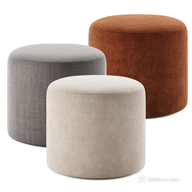 Three Cylindrical Sofa Stools In Gray Beige Brown Corduroy Fabric For Living Room Decor 3d model 