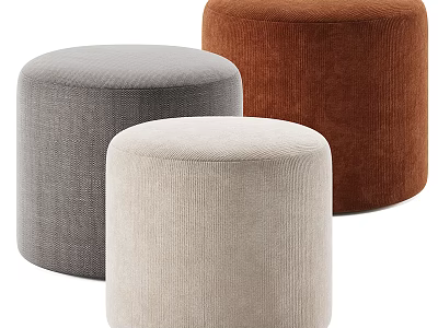 Three Cylindrical Sofa Stools In Gray Beige Brown Corduroy Fabric For Living Room Decor 3d model