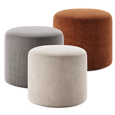Three Cylindrical Sofa Stools In Gray Beige Brown Corduroy Fabric For Living Room Decor 3d model