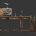 Rustic Wooden Workbench With Vintage Radio Tools And Metal Gas Cylinder
