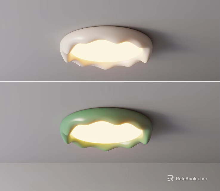 Shell Shaped White And Green Ceiling Light With Wavy Edge And Soft Glow 3d model