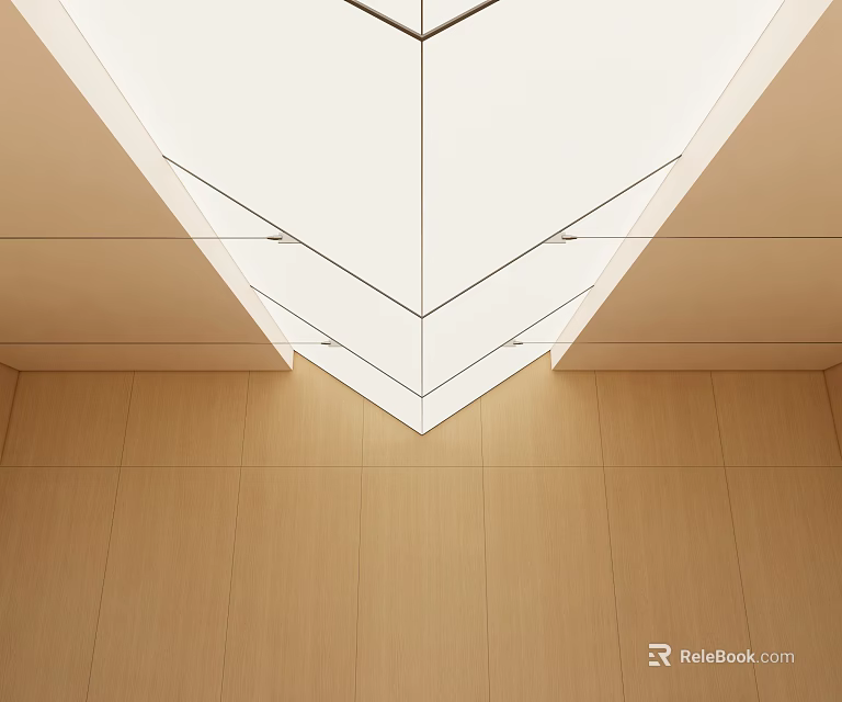 Modern Ceiling Design With Geometric White Panels Recessed Lighting And Wooden Wall Panels 3d model 
