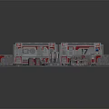 Futuristic Industrial Building Complex With Red Gray Structures And Cylindrical Units Platforms