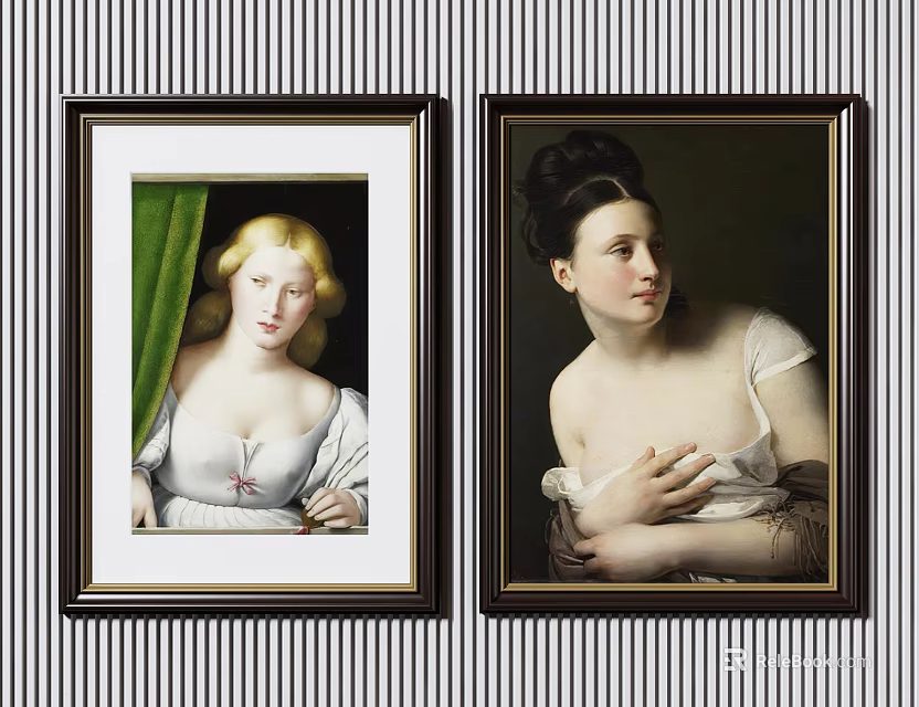Framed Portrait Paintings Of Women With Blonde And Dark Hair In White Dresses On Wall 3d model 