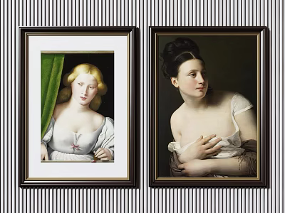Framed Portrait Paintings Of Women With Blonde And Dark Hair In White Dresses On Wall 3d model