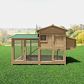 Wooden Chicken Coop In Green Grassy Field With Trees Background Landscape