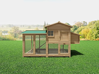Wooden Chicken Coop In Green Grassy Field With Trees Background Landscape 3d model