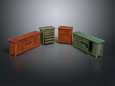 Vintage Wooden Cabinets In Various Colors With Decorative Details And Styles 3d model