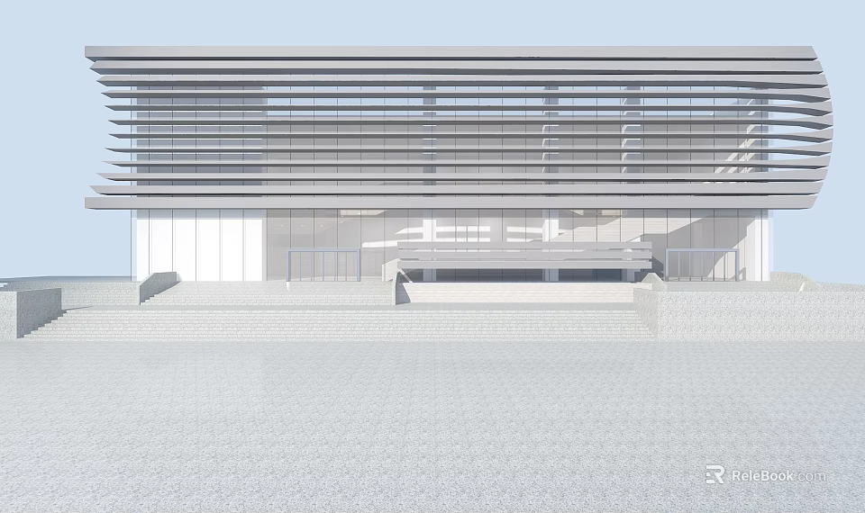 Modern Building Exterior Design With Large Glass Panels And Linear Structure 3d model