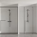 Dual Modern Shower Heads in Glass Enclosed Shower Stalls with Tiled Walls Bathroom