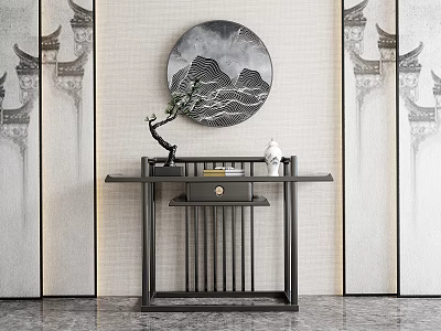 Entry Console Table with Chinese Style Design Circular Landscape Painting Decorative Ornaments and Screen Background 3d model