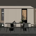 Elegant Modern Restaurant Interior With Dining Table Chairs Wall Art And Greenery 3d model