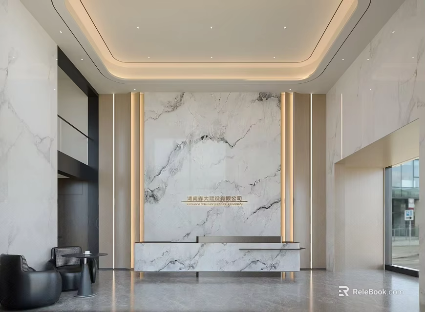 Sleek Modern Marble Reception Desk In Luxury Spacious Residential Lobby With Soft Ambient Lighting 3d model 