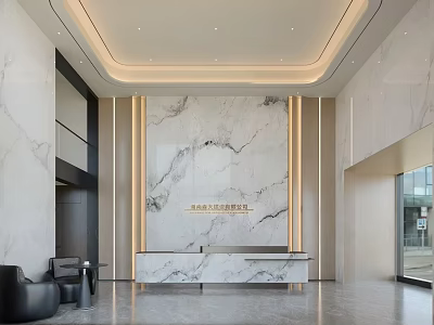 Sleek Modern Marble Reception Desk In Luxury Spacious Residential Lobby With Soft Ambient Lighting 3d model