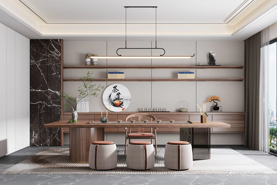 Modern Tea Room Interior Design With Wooden Table Tea Sets And Decorative Shelves 3d model 