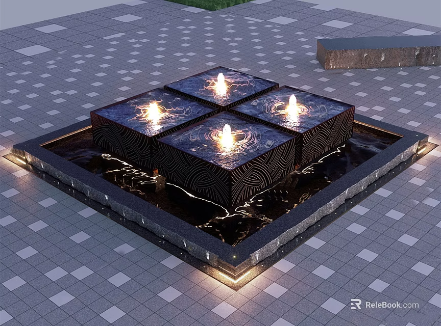 Outdoor Square Water Fountain with Four Illuminated Spouts on Tiled Floor 3d model 