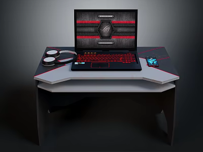 Black Red Gaming Laptop With RGB Keyboard Headphones And Mobile Phone On Modern Gaming Desk 3d model