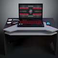 Black Red Gaming Laptop With RGB Keyboard Headphones And Mobile Phone On Modern Gaming Desk