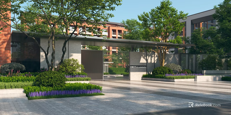 Modern Entrance Gate with Purple Flowers Green Plants and Residential Building Background 3d model 