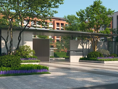 Modern Entrance Gate with Purple Flowers Green Plants and Residential Building Background 3d model