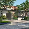 Modern Entrance Gate with Purple Flowers Green Plants and Residential Building Background