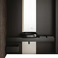 Minimalist Modern Washbasin Design With Dark Brown Marble Wall Mirror And Black Countertop