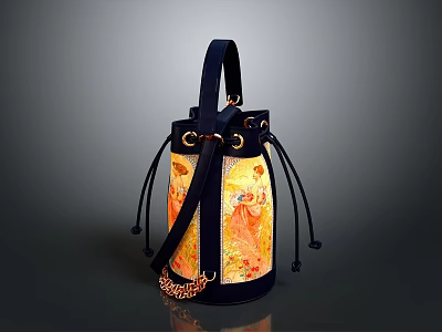Stylish Blue Bucket Bag With Colorful Yellow Orange Patterns Black Straps And Chain Decoration 3d model