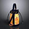 Stylish Blue Bucket Bag With Colorful Yellow Orange Patterns Black Straps And Chain Decoration