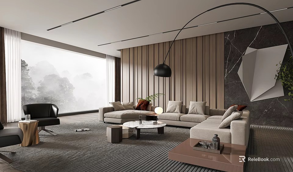 Modern Living Room With Beige Sofa Multiple Cushions Black Pendant Light And Wooden Wall Panels 3d model 