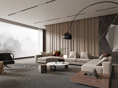Modern Living Room With Beige Sofa Multiple Cushions Black Pendant Light And Wooden Wall Panels 3d model
