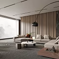 Modern Living Room With Beige Sofa Multiple Cushions Black Pendant Light And Wooden Wall Panels