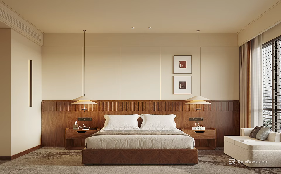Modern Hotel Room Interior With King Bed Wooden Headboard Nightstands Table Lamps And Wall Art 3d model 