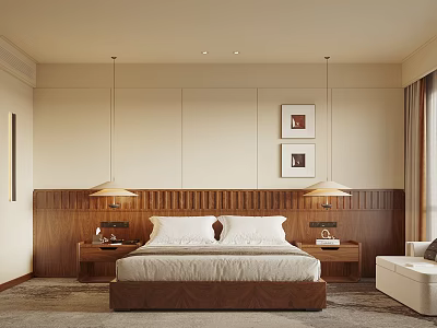 Modern Hotel Room Interior With King Bed Wooden Headboard Nightstands Table Lamps And Wall Art 3d model