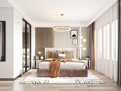 Modern Bedroom Interior With Wooden Accent Wall Round Pendant Light And Geometric Rug 3d model