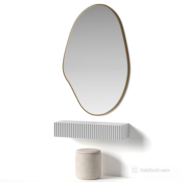 Modern Dressing Table With Unique Shaped Gold Frame Mirror Textured White Countertop Round Stool 3d model 