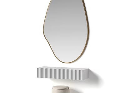 Modern Dressing Table With Unique Shaped Gold Frame Mirror Textured White Countertop Round Stool 3d model