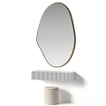 Modern Dressing Table With Unique Shaped Gold Frame Mirror Textured White Countertop Round Stool 3d model