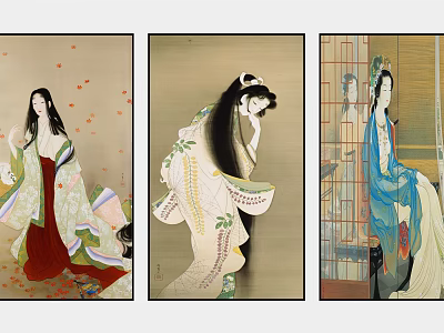 Traditional Female Portrait Paintings With Elegant Attire And Artistic Poses 3d model