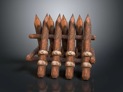 Rustic Wooden Spiked Fence Structure With Rope Bindings And Sharp Tops 3d model