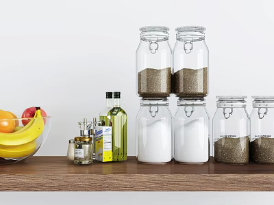 Stylish Ceramic Vessels on Kitchen Wooden Shelf with Glass Jars Fresh Fruits and Olive Oil 3d model