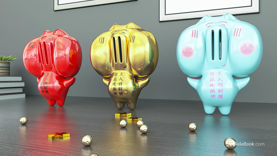 Decorative Ornament Set Featuring Red Gold Blue Cartoon Piggy Banks Gold Beads and Ingots 3d model 
