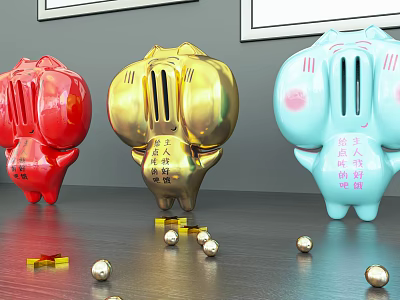 Decorative Ornament Set Featuring Red Gold Blue Cartoon Piggy Banks Gold Beads and Ingots 3d model