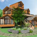 Rustic Wooden Mountain Lodge With Multiple Levels And Green Hills