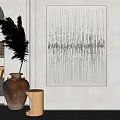 Abstract Gray White Line Wall Art In Modern Interior With Clay Vase And Wooden Stool