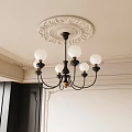 Classic Chandelier With Spherical White Shades Black Metal Frame And Ornate Ceiling Decor