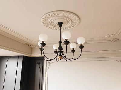 Classic Chandelier With Spherical White Shades Black Metal Frame And Ornate Ceiling Decor 3d model