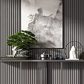 Modern Console Table with Artwork Green Plant and Tea Set on Striped Wall 3d model