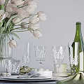 Elegant Tableware Set With White Plates Glassware Tulips Cups And Green Napkins